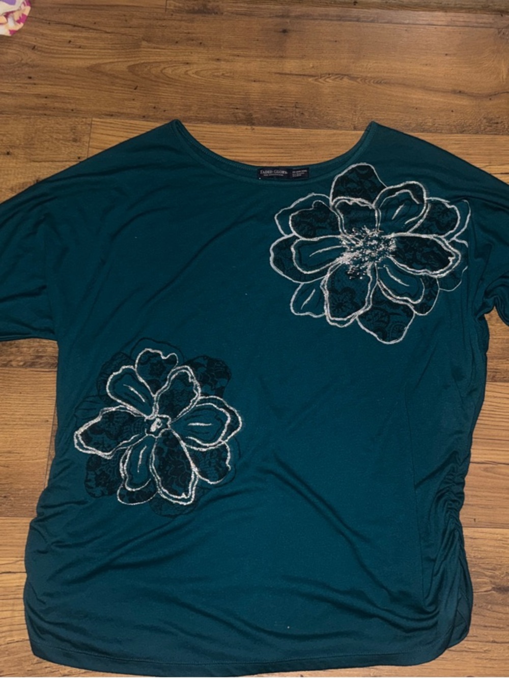 Faded Glory Teal Floral Embroidered Short Sleeve Top